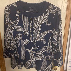 Talbots Blue Top with white designs, Large